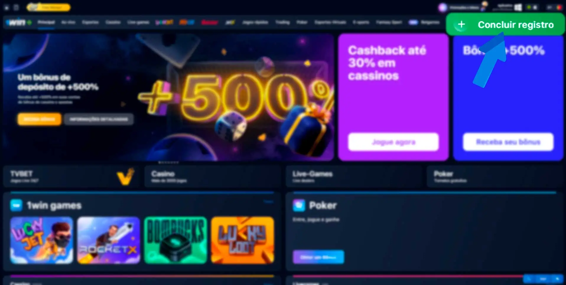 Site principal do 1wis casino e botão de registro
